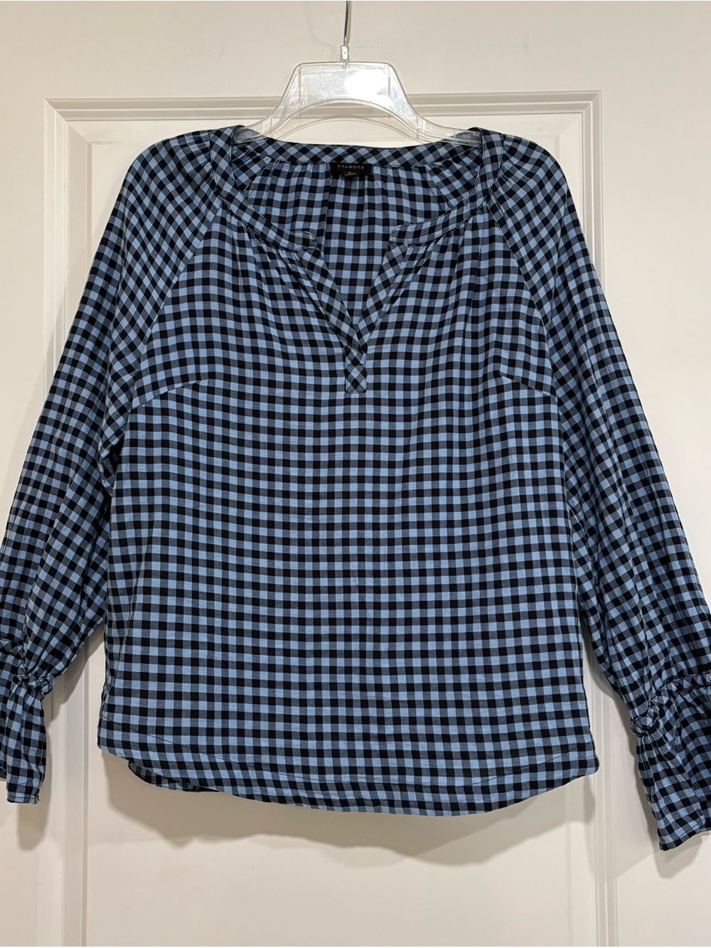 Talbots Gingham Popover Blouse Sz S Tie Cuff Split Neck Blue Black - Picture 4 of 6